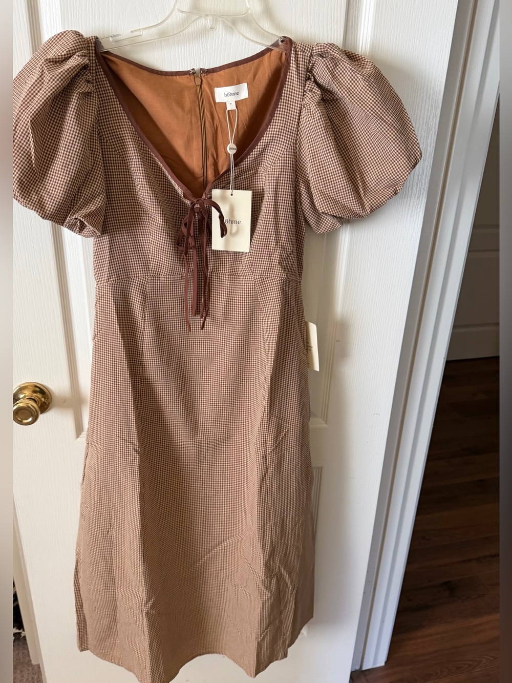 Böhme Elle Brown Gingham Puff Sleeve Midi Dress NWT Size M